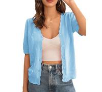 GRACE KARIN Gilet Ajouré Uni pour Femme Cardigan d'Été à Manches Courtes Boléro Tricoté Col en V Haut Chic et Élégant L Bleu Clair