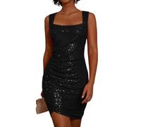 GRACE KARIN Mini robe à paillettes pour femme - Col carré - Sans manches - Ourlet irrégulier - Robe moulante pour fête, boîte de nuit, Noir , M