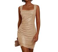 GRACE KARIN Mini robe à paillettes pour femme - Col carré - Sans manches - Ourlet irrégulier - Robe moulante pour fête, boîte de nuit, doré clair, XXL