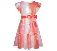 GRACE KARIN Robe à paillettes pour fille - Manches courtes - Col rond - Robe de princesse avec nœud - Robe festive trapèze - 6-14 ans, Rayures roses., 12 ans
