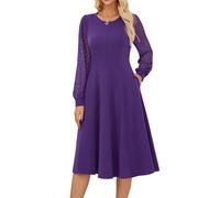 GRACE KARIN Robe Femme Manches Longues Col Rond Coupe A-Line Mi-Mollet, Tissu Contraste et Poignets en Dentelle, pour Tenue de Bureau ou Soirée
