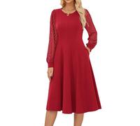 GRACE KARIN Robe Femme Manches Longues Col Rond Coupe A-Line Mi-Mollet, Tissu Contraste et Poignets en Dentelle, pour Tenue de Bureau ou Soirée