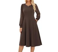 GRACE KARIN Robe Femme Manches Longues Col Rond Coupe A-Line Mi-Mollet, Tissu Contraste et Poignets en Dentelle, pour Tenue de Bureau ou Soirée