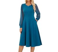 GRACE KARIN Robe Femme Manches Longues Col Rond Coupe A-Line Mi-Mollet, Tissu Contraste et Poignets en Dentelle, pour Tenue de Bureau ou Soirée