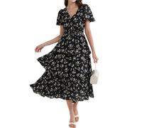 GRACE KARIN Robe longue décontractée à imprimé floral pour femme, coupe évasée, manches courtes à volants, col en V, robe à smocks et à volants, Fleurs blanches., L