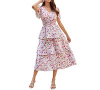 GRACE KARIN Robe longue décontractée à imprimé floral pour femme, coupe évasée, manches courtes à volants, col en V, robe à smocks et à volants, fleurs roses, M