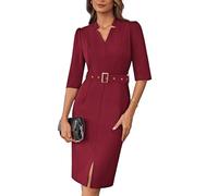 GRACE KARIN Robe midi moulante à manches 3/4 pour femme élégante col en V coupe ajustée business robe portefeuille avec ceinture, rouge vin, XL