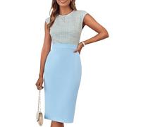 GRACE KARIN Robe Vintage pour Femme avec Mancherons col Rond Longueur Genou Robe Moulante près du Corps Bleu Clair S