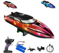 Graddi Aquablaze, 2.4GHz Remote Control Racing Boats with LED Lights, Self-Righting Waterproof Electric Fast Speed Boat, Long Battery Life, Low Battery Alert, Out of Distance Alert (red/ 3*battery)