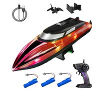 Graddi Aquablaze, 2.4GHz Remote Control Racing Boats with LED Lights, USB Rechargeable, Self-Righting Waterproof Design, 200 Min Runtime, Adjustable Speed & Low Battery Alert (Red-3 Battery)