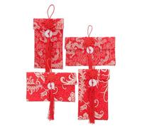 GRADENEVE 4 Pièces Lot de Enveloppes Rouges Tissu Brodées Sac Porte-monnaie Chinois avec Nœud Chinois Poches Résistantes et Réutilisables pour Nouvel An Lunaire et Fête Du Printemps Format