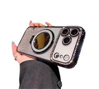 Gradient Glitter Holder Makeup Mirror Protective Cases for iPhone 17,Foldable Kickstand Magnetic Diamond Case with Camera Lens Protector,Rhinestone Plating Phone Case (Black, for iphone 17 pro max)