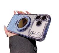 Gradient Glitter Holder Makeup Mirror Protective Cases for iPhone 17,Foldable Kickstand Magnetic Diamond Case with Camera Lens Protector,Rhinestone Plating Phone Case (Blue, for iphone 17 pro max)