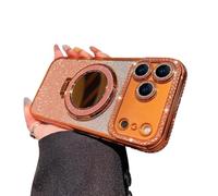Gradient Glitter Holder Makeup Mirror Protective Cases for iPhone 17,Foldable Kickstand Magnetic Diamond Case with Camera Lens Protector,Rhinestone Plating Phone Case (Orange, for iphone 17 pro)