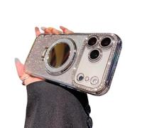 Gradient Glitter Holder Makeup Mirror Protective Cases for iPhone 17,Foldable Kickstand Magnetic Diamond Case with Camera Lens Protector,Rhinestone Plating Phone Case (Silver, for iphone 17 air)