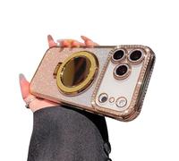 Gradient Glitter Holder Makeup Mirror Protective Cases for iPhone 17,Foldable Kickstand Magnetic Diamond Case with Camera Lens Protector,Rhinestone Plating Phone Case (Gold, for iphone 17 pro)