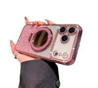 Gradient Glitter Holder Makeup Mirror Protective Cases for iPhone 17,Foldable Kickstand Magnetic Diamond Case with Camera Lens Protector,Rhinestone Plating Phone Case (Pink, for iphone 17 pro)