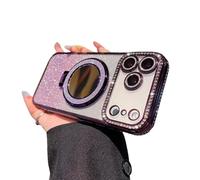 Gradient Glitter Holder Makeup Mirror Protective Cases for iPhone 17,Foldable Kickstand Magnetic Diamond Case with Camera Lens Protector,Rhinestone Plating Phone Case (Purple, for iphone 17 pro max)