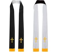 GraduatePro Clergé Étole Réversible avec Croix Étole Chorale Pasteur Broderie Latine avec Pompons 229cm-Blanc Noir