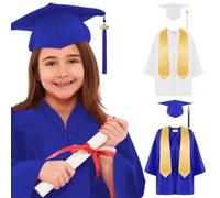 Graduation Préscolaire Enfant Toge Chapeau Enfants Diplômé avec Chapeau ChâLe à Pompon Uniforme AcadéMique de Remise Des DiplôMes PréScolaire pour Enfants Robe et Maternelle Ensemble