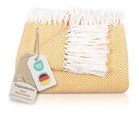 Gräfenstayn Premium Couvre-lit avec Franges - 100% Coton - 150 x 200 cm, Couverture d'été à Chevrons en Coton pour Le lit et Le canapé, Couvre-canapé & Couverture de canapé (Jaune)