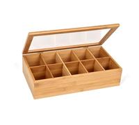 GRÄWE Boîte à thé en bambou avec 10 compartiments, couvercle rabattable, fenêtre transparente, boîte à sachets de thé pour conserver les arômes - 36 x 20 x 9 cm