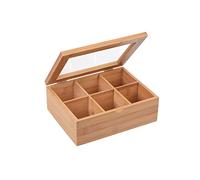 GRÄWE Boîte à thé en bambou avec 6 compartiments, couvercle rabattable, fenêtre transparente, boîte à sachets de thé pour conserver les arômes - 21 x 16 x 7,5 cm