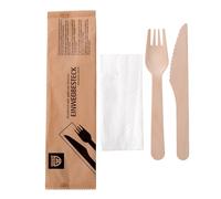 GRÄWE Lot de 25 couverts jetables en bois, fourchettes, couteaux, serviettes, biodégradables