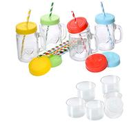 GRÄWE Lot de 4 verres à boire avec couvercle et paille et 6 gobelets, avec couvercle à vis, anse, coloré, 450 ml