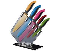 GRÄWE Lot de 6 couteaux colorés avec lames antiadhésives, poignées antidérapantes, support à couteaux en acrylique, couteau de chef, couteau de cuisine, couteau à légumes, couteau d'office, couteau à pain