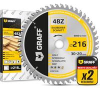 GRAFF Lame de Scie Circulaire à Bois 216 x 30 mm 48 Dents (anneau 20 mm) - Idéale pour Fines Dans le Bois Tendre et Dur - Compatible Scies À Onglets Et Scies De Table avec Dewalt Makita Bosch