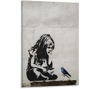 Graffiti Art Toile Banksy Girl with Blue Bird Impression sur Toile Tableau Pop Art Chambre Enfant Decoratifs Muraux Salon Moderne Decoration Murale (Avec cadre, 30x40cm)