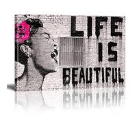 Graffiti Art Toile Banksy Life is Beautiful Impression sur Toile Tableau Pop Art Chambre Enfant Decoratifs Muraux Salon Moderne Decoration Murale (Avec cadre, 60x80cm)