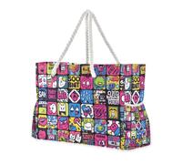Graffiti Art Trend Play Stickers Sandproof Beach Totes Bags with Side Pockets Outdoor Tote Bag Portable Travel for Pool Gym Shopping Travel