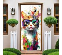 Graffiti Autocollant Porte 3D Chat aquarelle 77x200 cm Sticker Mural PVC Étanche Auto-adhésif Papier Peint Porte Cuisine Chambre Salon Décor