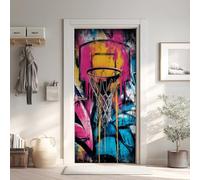 Graffiti Coloré Poster de Porte 3D Trompe L'Oeil 73x205 cm, Basketball Auto-Adhésif Sticker Porte pour Chambre Cuisine, Hip Hop Stickers Autocollants de Porte