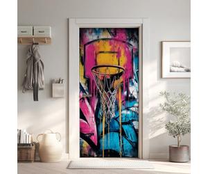 Graffiti Coloré Poster de Porte 3D Trompe L'Oeil 73x205 cm, Basketball Auto-Adhésif Sticker Porte pour Chambre Cuisine, Hip Hop Stickers Autocollants de Porte