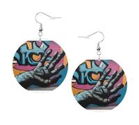 Graffiti Hand Boucles d'oreilles rondes en cuir PVC imprimé double face avec crochets plaqués argent 925, taille unique, argent sterling, pierre d'or, One Size, Argent sterling, goldstone