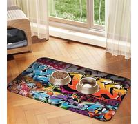 Graffiti Hip Hop Tapis d'alimentation absorbant en cuir PU pour chien et chat - Protège les sols - Dos en caoutchouc antidérapant - Facile à nettoyer - 40 x 60 cm