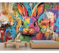 Graffiti Mural, Doodle Rabbit Wall Mural, Street Art Papier peint pour salon, chambre à coucher, bureau, hôtel, bar, plafond - 300 x 210 cm