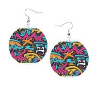 Graffiti Skateboard Boucles d'oreilles rondes en cuir PVC imprimé double face avec crochets plaqués argent 925, taille unique, argent sterling, pierre d'or, One Size, Argent sterling, goldstone
