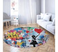 Graffiti Street Art Tapis Rond Peinture colorée Éclaboussures Fille avec Ballon Rouge Tapis circulaires Doux à Poils Bas pour Le Salon Salle de Jeux Sol 135cm