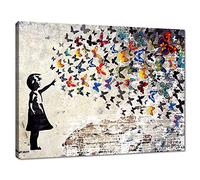 Graffiti Street Wall Art Peinture de Banksy Grande taille encadrée Graffiti Girl avec papillon Décoration murale Impression sur toile pour chambre d'enfant Prêt à accrocher 45,7 x 61 cm