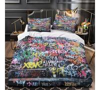 Graffiti Wall Ensemble De Literie Microfibre Hypoallergique 3D Effet 3 Pièces 2xTaies Ultra Douce urban Street Housse de Couette Super Douce Entretien Facile for les Enfants Double（200x200cm）