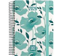 Grafoplas Agenda 2026 1 jour par page, design Poppy, 15 x 21 cm, espagnol, couverture rigide, finition douce, fermeture élastique, annuel de janvier à décembre, FSC, avec autocollants, planning et