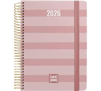 Grafoplas Agenda 2026 1 jour par page, design Stripes, 15 x 21 cm, espagnol, couverture rigide, finition douce, fermeture élastique, annuel de janvier à décembre, FSC, avec autocollants, planning et