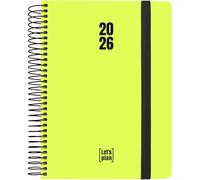 Grafoplas Agenda 2026 1 jour par page, néon jaune, 15 x 21 cm, jour par page, espagnol, couverture rigide doublée, papier finition brillante, fermeture élastique, coins arrondis, avec autocollants