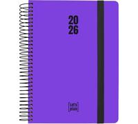 Grafoplas Agenda 2026 1 jour par page, néon violet, 15 x 21 cm, jour par page, espagnol, couverture rigide doublée, papier finition brillante, fermeture élastique, coins arrondis, avec autocollants