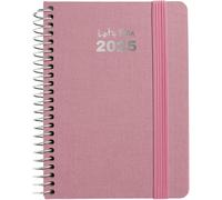 Grafoplas Agenda annuel 2025 a6 Modèle Fancy Couleur rose pastel Couverture rigide doublée tissu métallisé Fermeture élastique Avec autocollants Pour janvier à décembre FSC