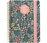 Grafoplas Agenda annuel 2025 journalier A6 Motif Meadow en espagnol Couverture rigide doublée tissu Fermeture élastique Comprend des icônes et des messages de janvier à décembre Certifié FSC